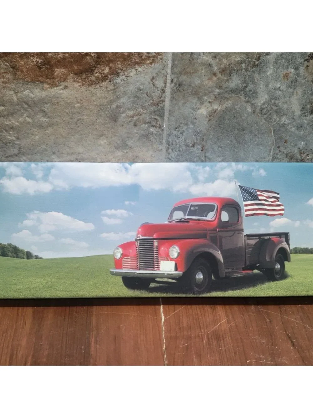 Wall Decor Hanging Picture Red Truck American Flag USA